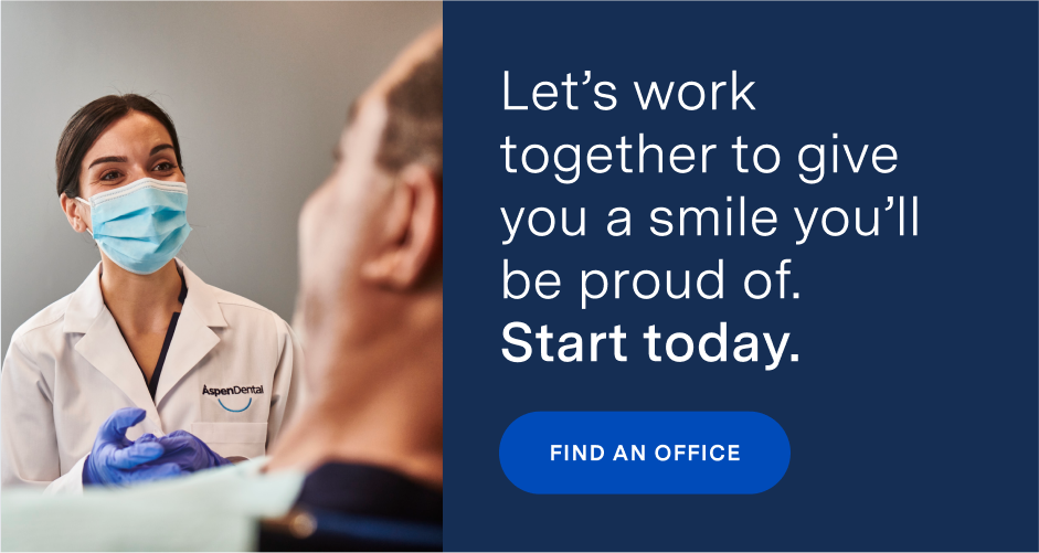female dentist looking at a patient with a call to action on the right side saying “find an office”