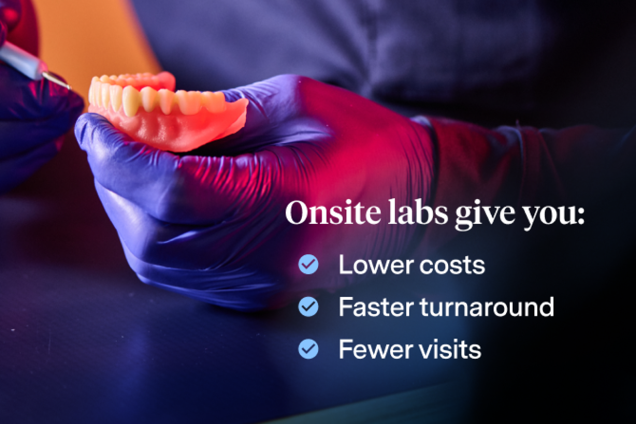 Close-up of a gloved hand holding a dental prosthetic, emphasizing the benefits of onsite labs at Aspen Dental, including lower costs, faster turnaround, and fewer visits, displayed in bold text.