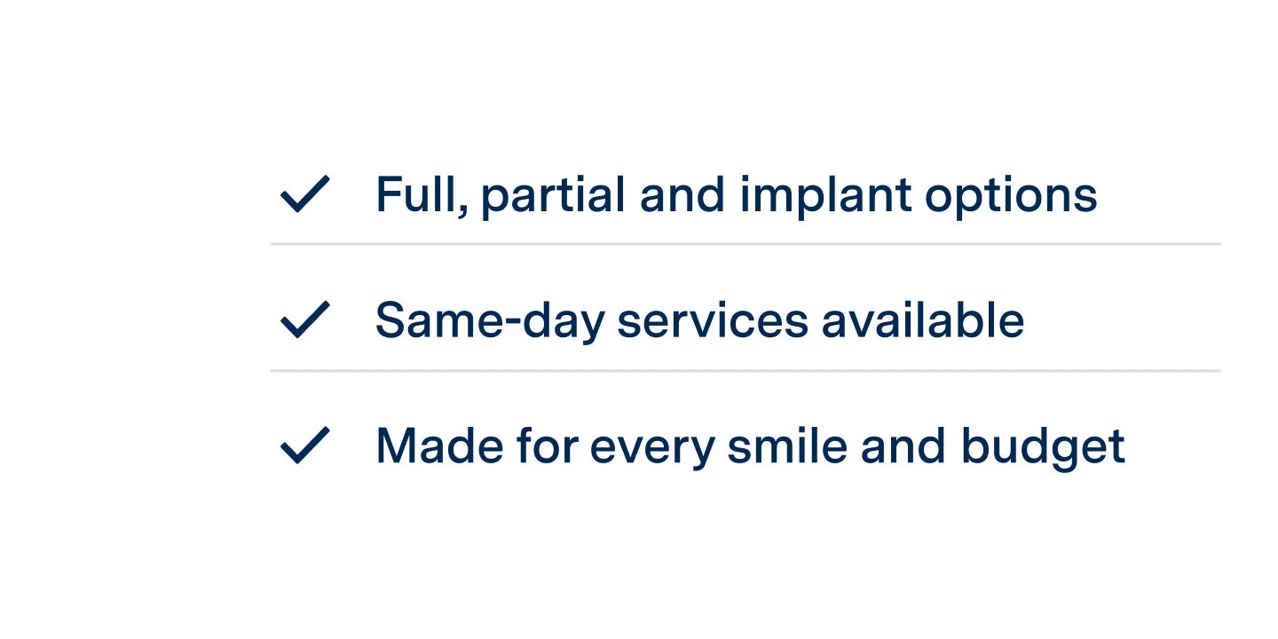  Aspen Dental service highlights including full, partial, and implant options, availability of same-day services, and budget-friendly solutions for all smiles.