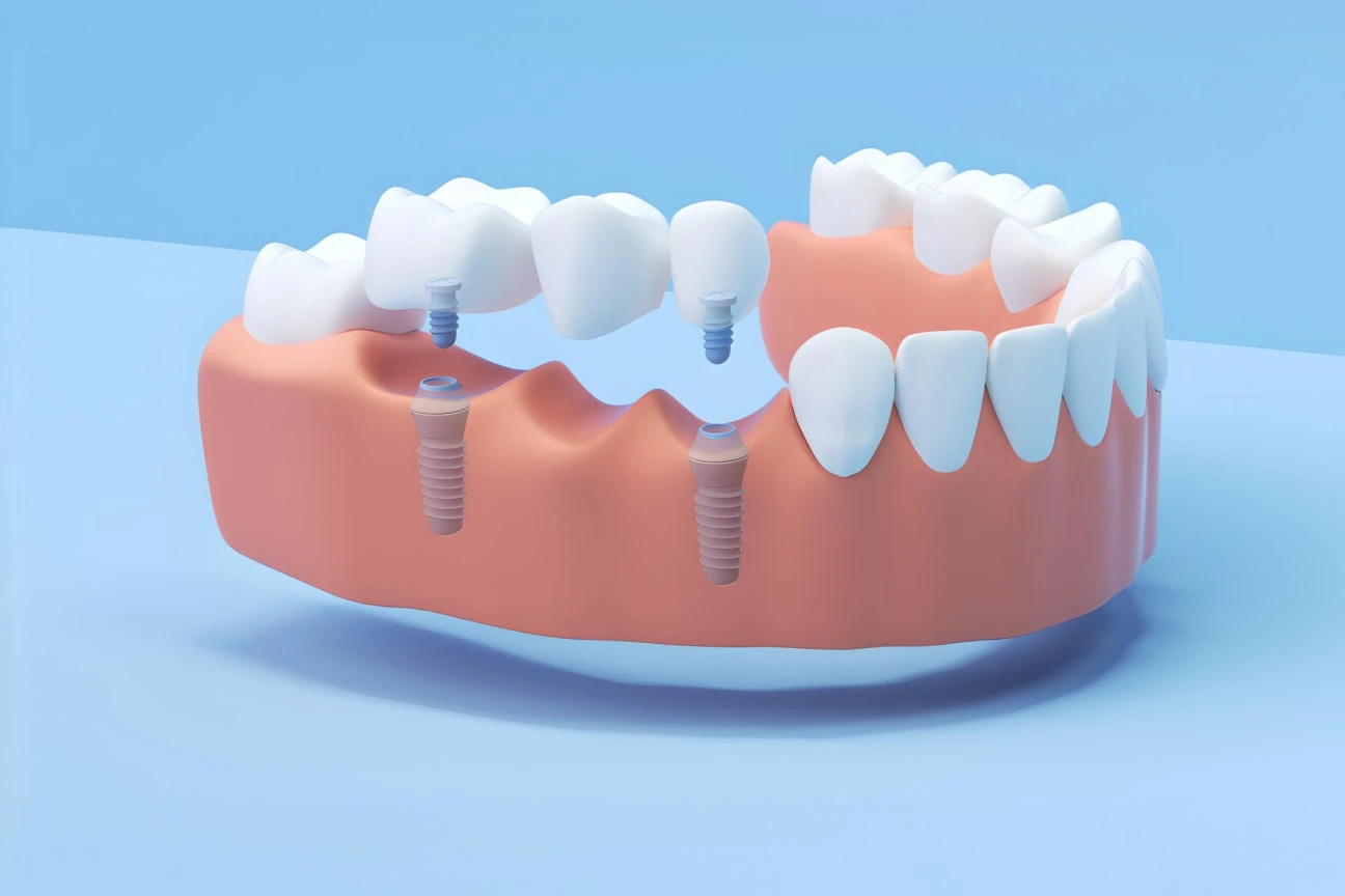 An illustration of a dental implant bridge showcasing a dental bridge with implants on either side to replace partial dentures with long-lasting solution.