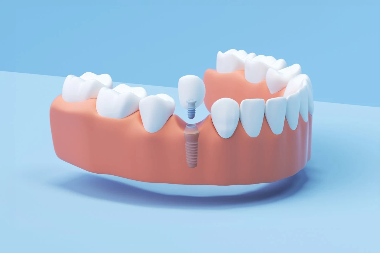 An illustration of a single tooth dental implant showcasing a tooth and an implant as a permanent solution for missing teeth.